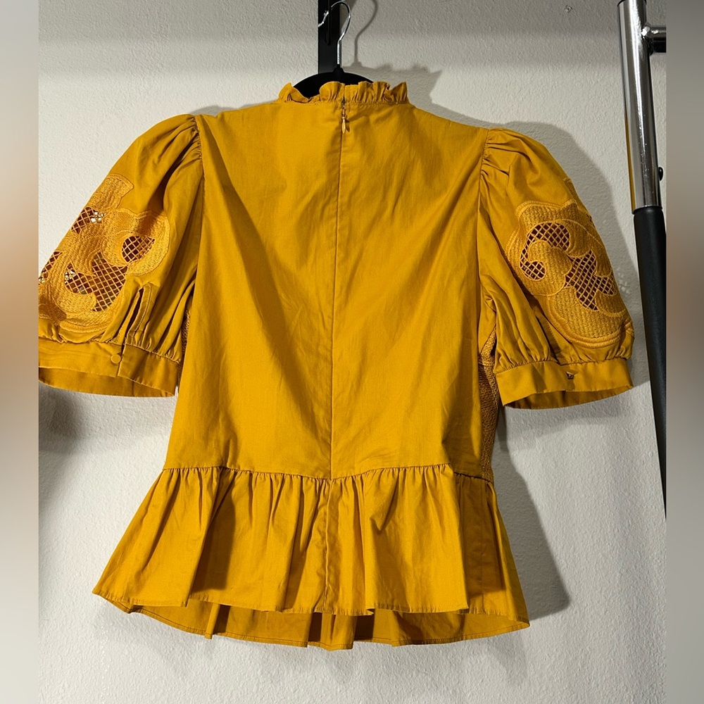 Express Mustard Lace Puff Sleeve Blouse - Picture 2 of 6
